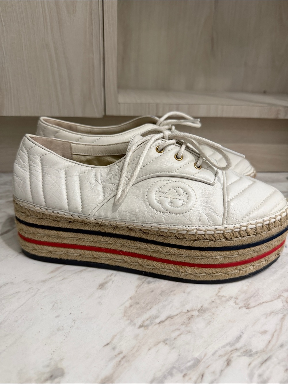 Gucci White Quilted Leather Platform Espadrille Sneakers with Red & Navy Stripes